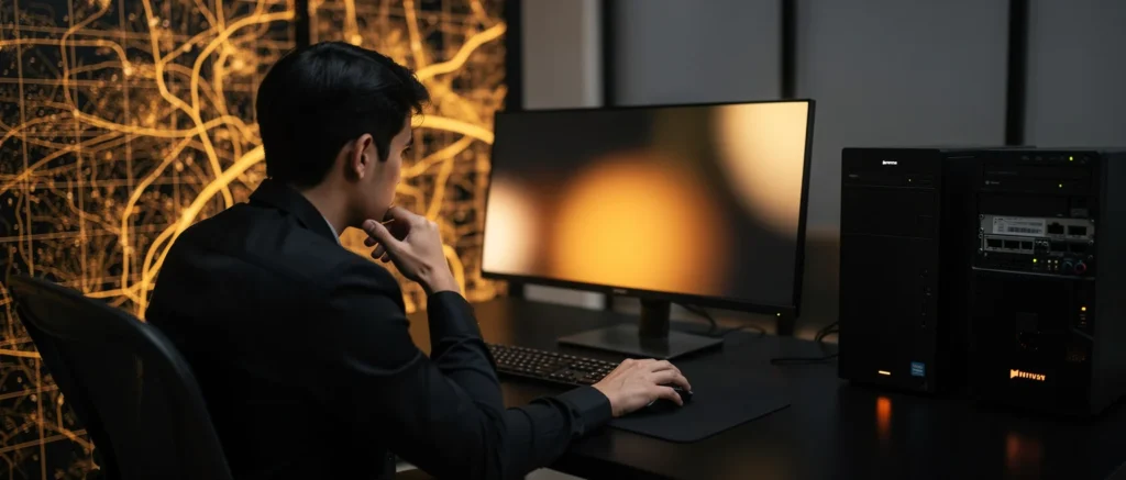 Man in black shirt sitting at desk with computer equipment and glowing yellow artwork on wall behind him.