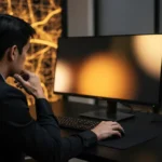 Man in black shirt sitting at desk with computer equipment and glowing yellow artwork on wall behind him.