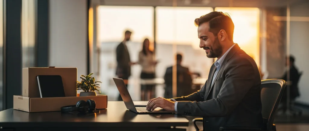Man in business casual attire working on laptop at desk with headphones and plant, colleagues visible in background office.