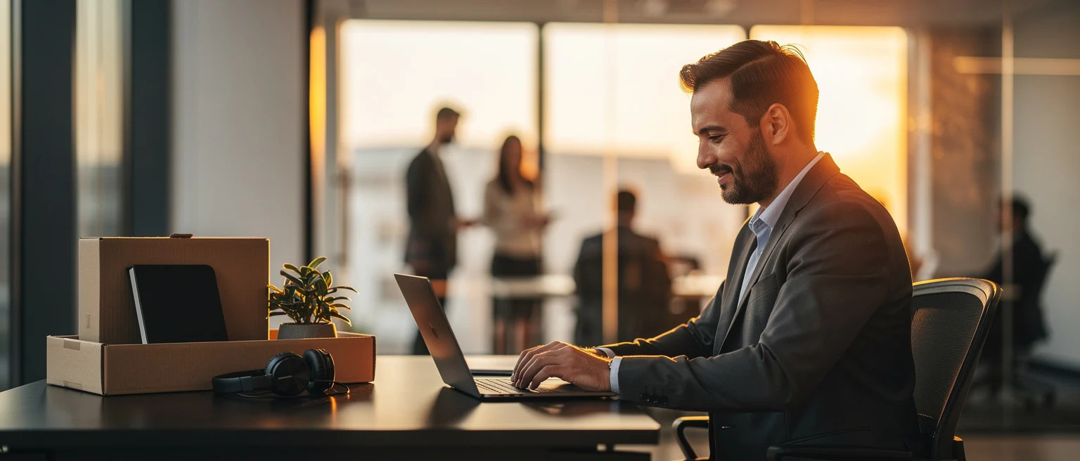 Man in business casual attire working on laptop at desk with headphones and plant, colleagues visible in background office.