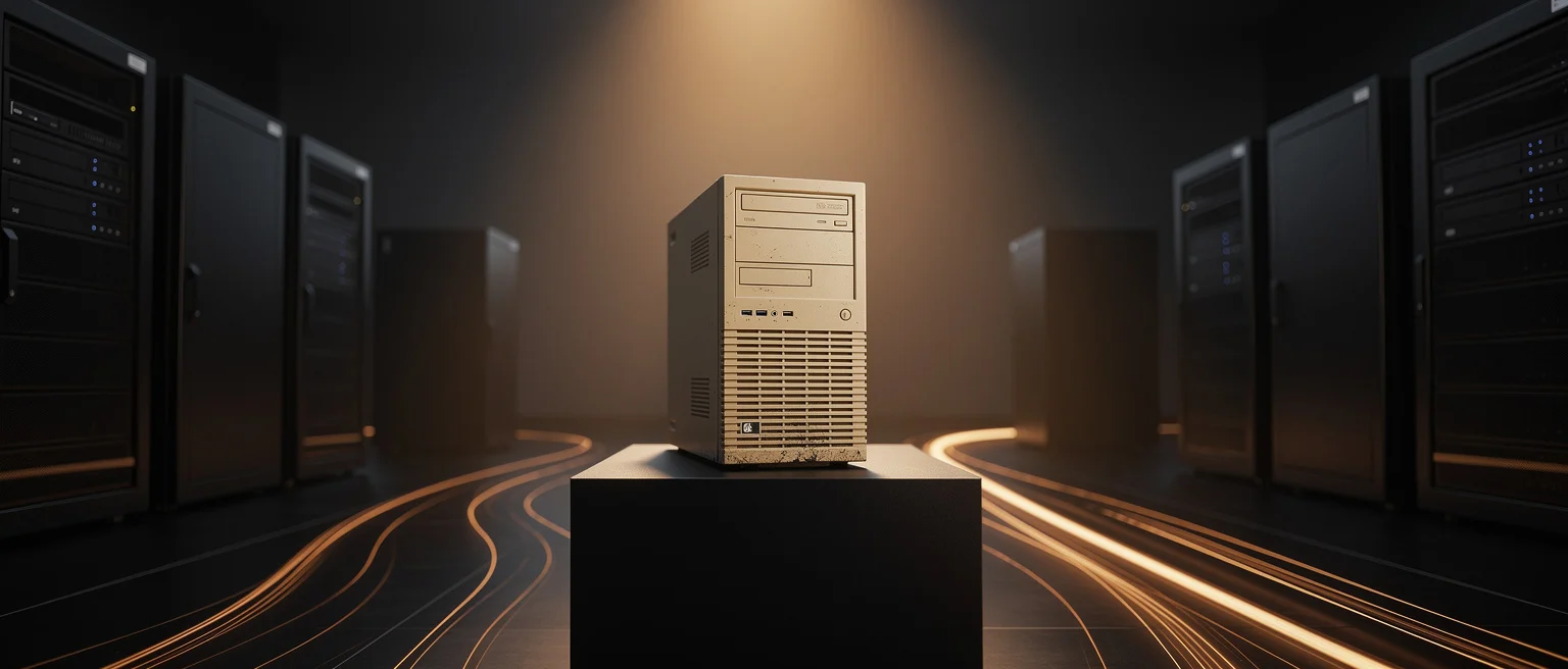 Vintage beige computer tower centered on a pedestal surrounded by modern black server racks with glowing orange cables.