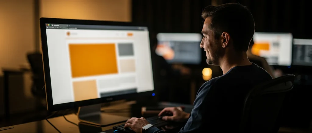 Man working at desk viewing website layout design with orange and grey elements on monitor.