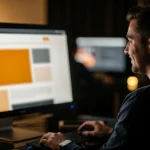 Man working at desk viewing website layout design with orange and grey elements on monitor.