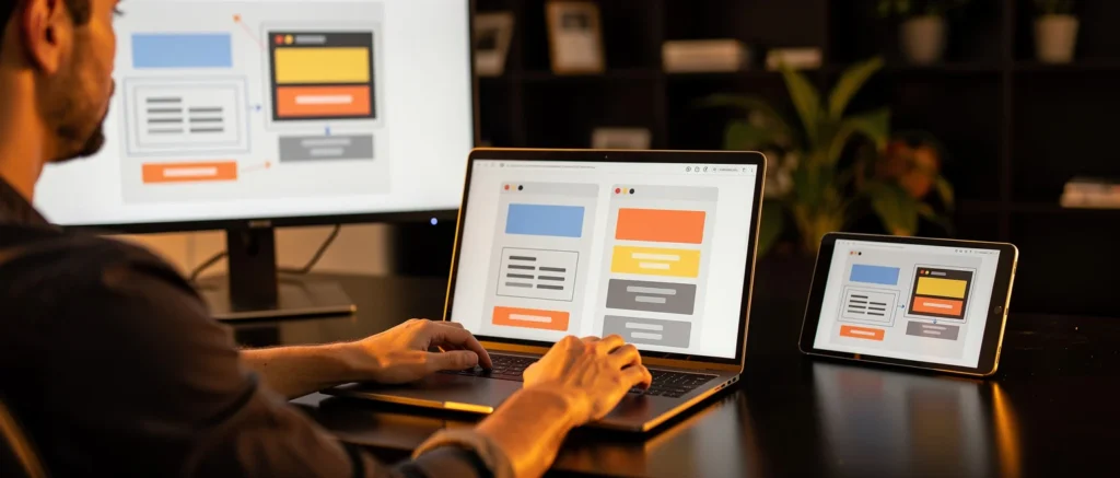Designer working on website layouts displayed across a monitor, laptop, and tablet showing UI mockups with colored sections.