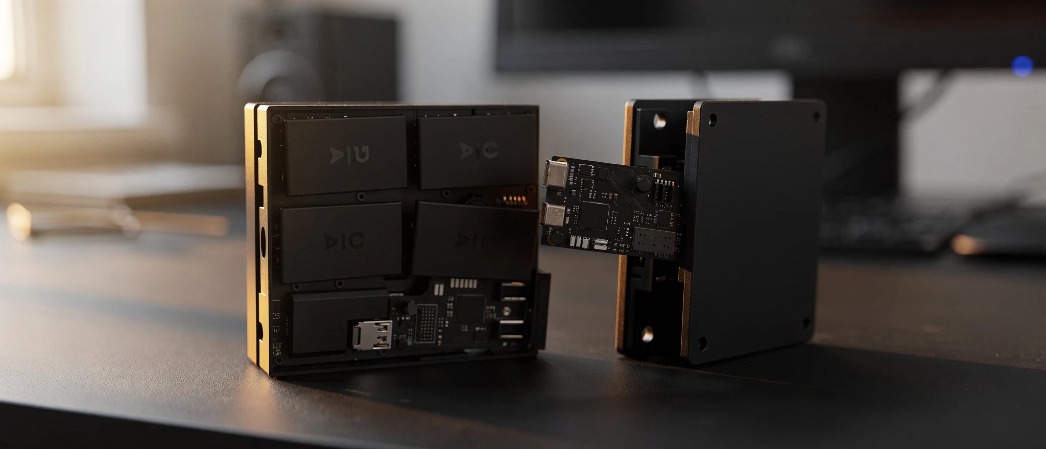 Disassembled modular computing device with exposed circuit boards and stacked components on a desk.