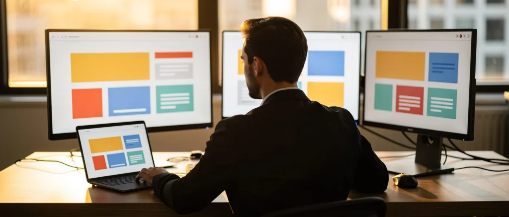 Man viewing colourful website layouts across a laptop and three desktop monitors in an office setting.