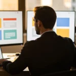 Man viewing colourful website layouts across a laptop and three desktop monitors in an office setting.