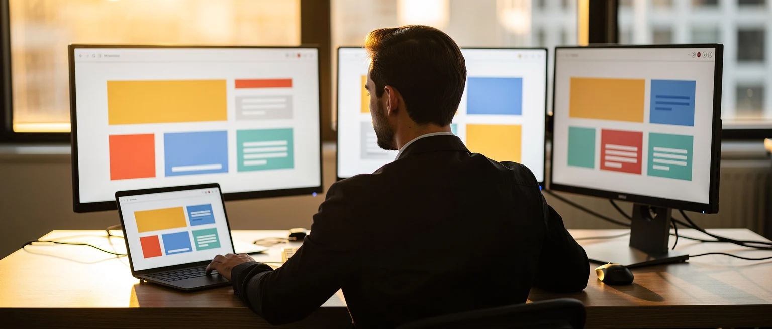 Man viewing colourful website layouts across a laptop and three desktop monitors in an office setting.