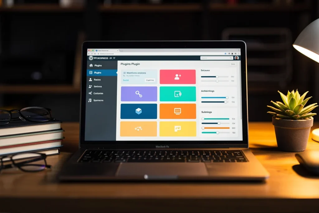 MacBook displaying WordPress Plugins page with colorful plugin icons on a wooden desk with books, glasses, and succulent plan