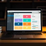 MacBook displaying WordPress Plugins page with colorful plugin icons on a wooden desk with books, glasses, and succulent plan