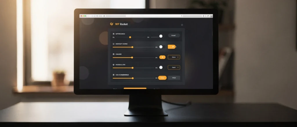 WP Rocket dashboard displaying performance optimisation settings with sliders and toggle controls on a desktop monitor.