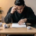 Man at desk looking stressed, surrounded by crumpled paper balls, laptop and work documents.