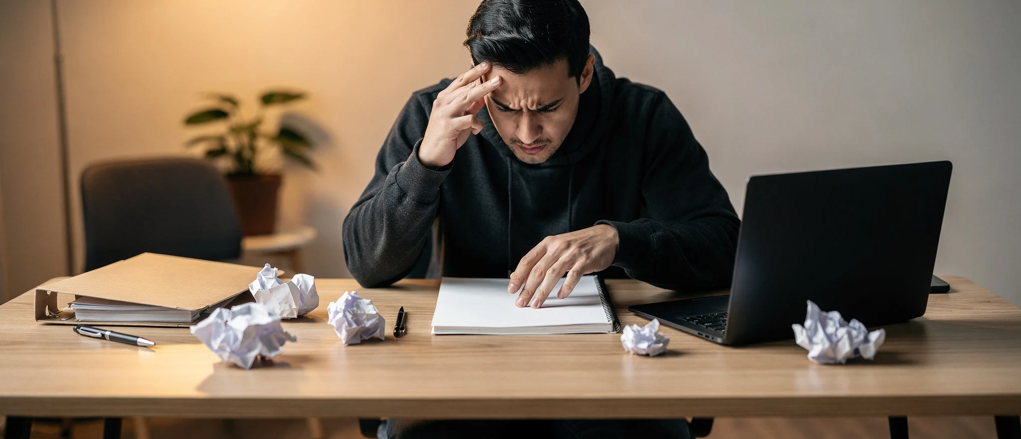 Man at desk looking stressed, surrounded by crumpled paper balls, laptop and work documents.