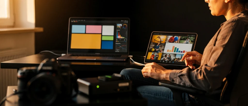 Video editor reviewing colour palette and image gallery on tablet whilst working at dual-monitor editing workstation.