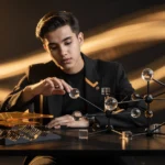 Young man in black blazer examining a molecular model structure with spheres and connectors on a table with warm lighting.