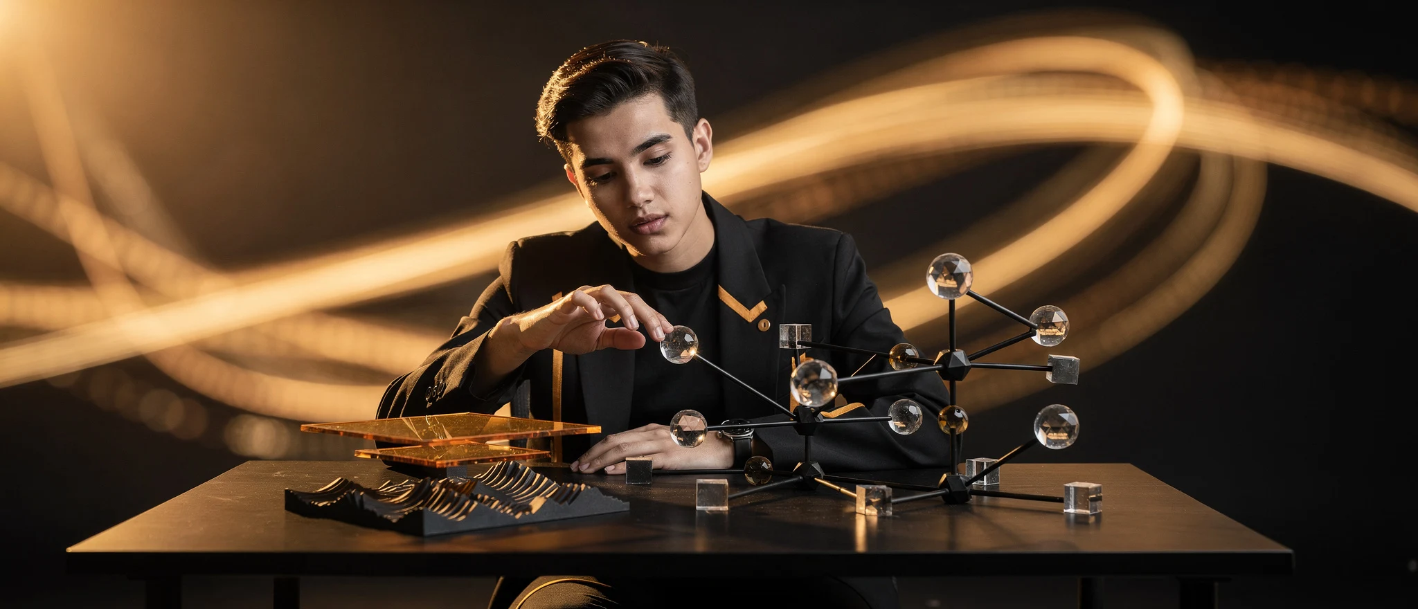 Young man in black blazer examining a molecular model structure with spheres and connectors on a table with warm lighting.