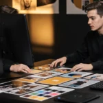 Young man reviewing design mockups and colour swatches at a desk with a monitor in a modern office.