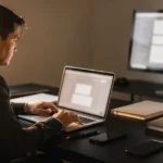 Man working at laptop at desk with monitor, notebooks and smartphone in office with window light.