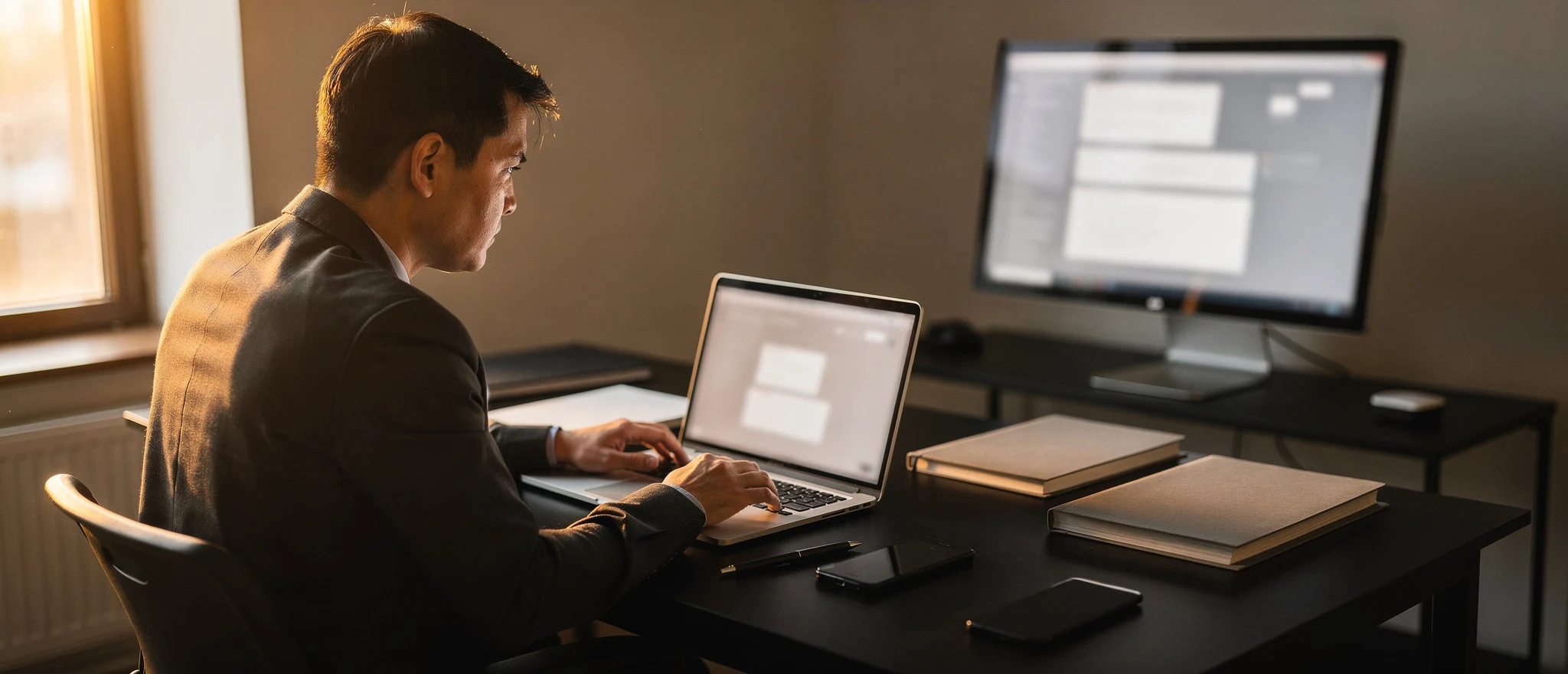 Man working at laptop at desk with monitor, notebooks and smartphone in office with window light.