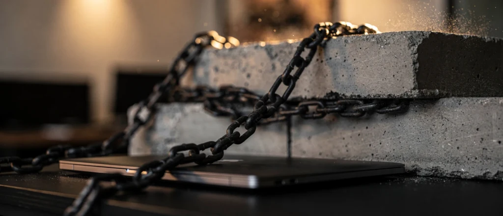 Heavy black chain draped across concrete blocks on a dark surface in warm lighting.