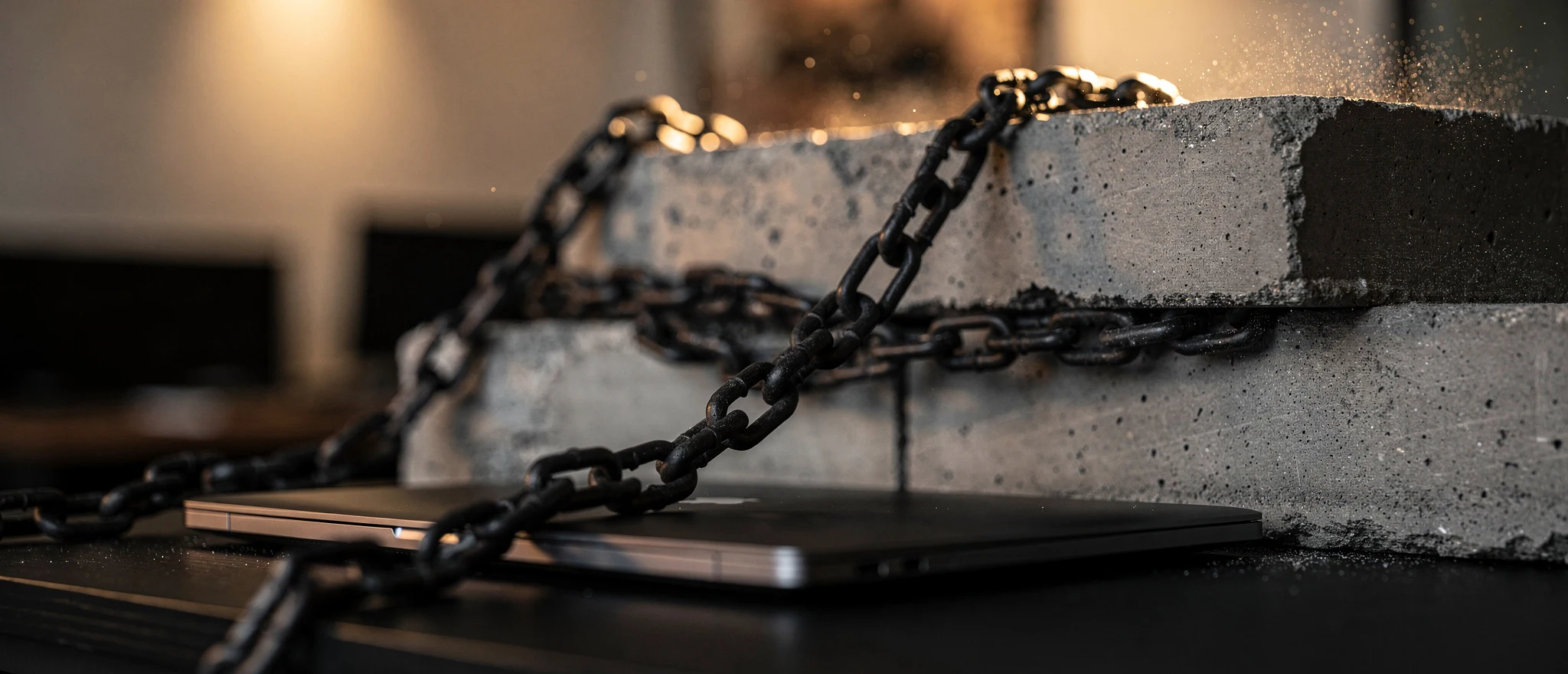 Heavy black chain draped across concrete blocks on a dark surface in warm lighting.