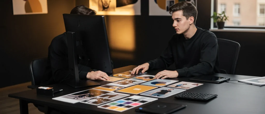Young man reviewing design mockups and colour swatches at a desk with a monitor in a modern office.