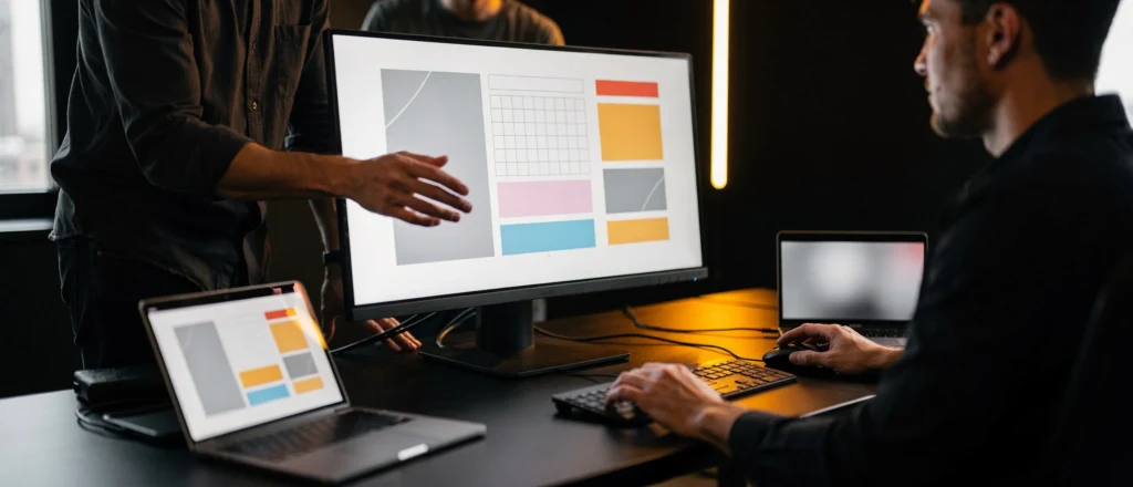 Designer and client reviewing website mockups on desktop monitor and tablet at workspace with warm lighting.