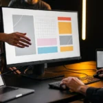 Designer and client reviewing website mockups on desktop monitor and tablet at workspace with warm lighting.