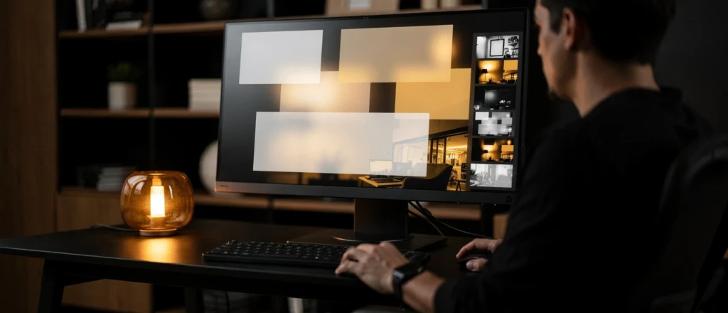 Man viewing architectural interior designs on a widescreen monitor with amber desk lamp and keyboard.
