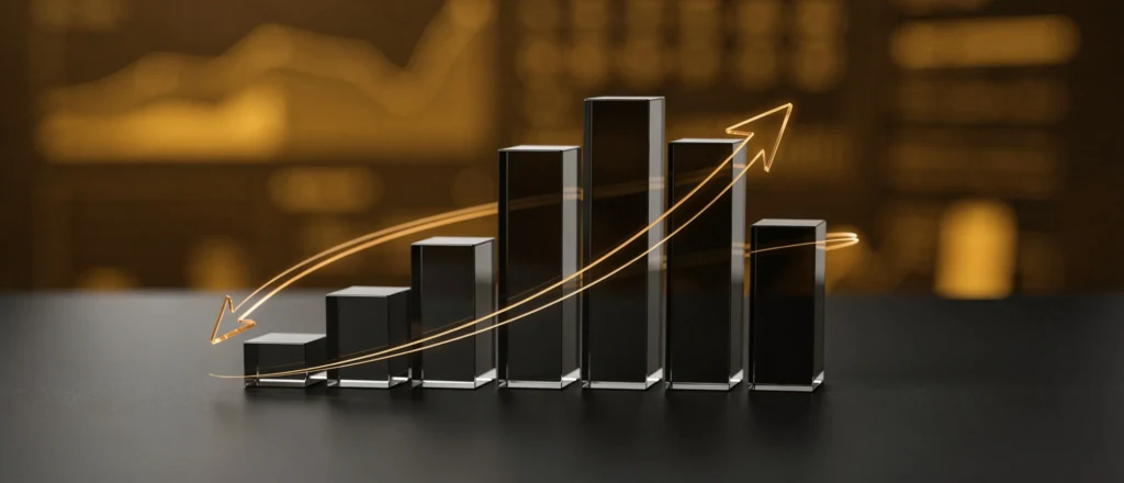 Gold arrows trending upward and downward overlaid on ascending black bar chart columns against a blurred gold background.