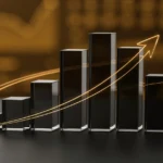 Gold arrows trending upward and downward overlaid on ascending black bar chart columns against a blurred gold background.