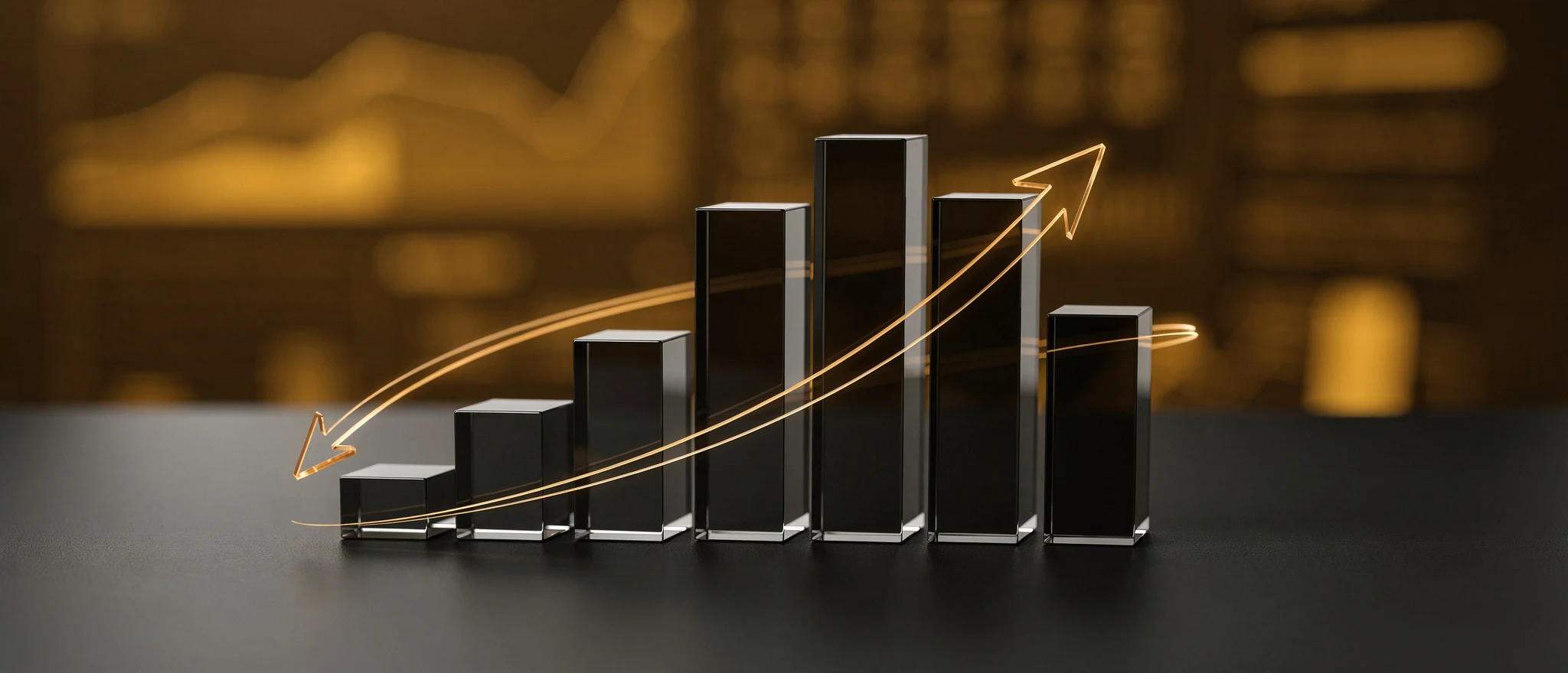 Gold arrows trending upward and downward overlaid on ascending black bar chart columns against a blurred gold background.