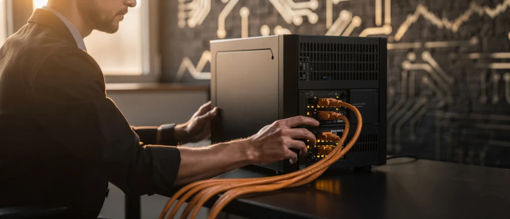 Technician connecting orange network cables to the rear panel of a server in a data centre.