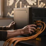 Technician connecting orange network cables to the rear panel of a server in a data centre.