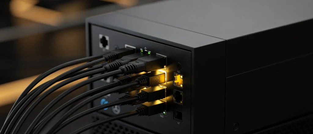 Network switch with multiple black Ethernet cables connected to illuminated ports.