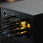 Network switch with multiple black Ethernet cables connected to illuminated ports.