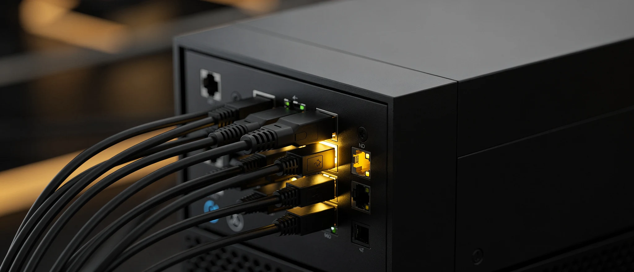 Network switch with multiple black Ethernet cables connected to illuminated ports.