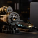 Metal gears, fibre optic cables, magnifying glass and tablet arranged on a surface under warm lighting.