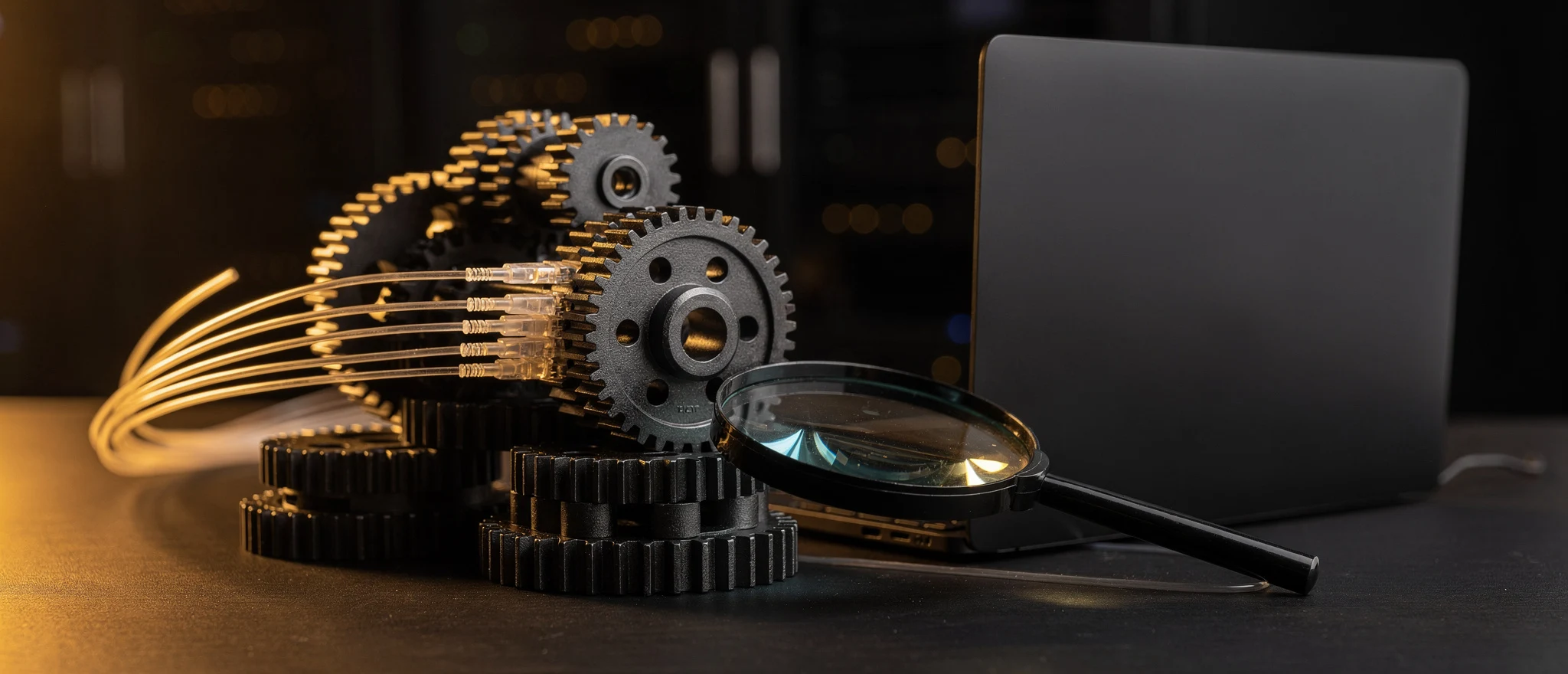 Metal gears, fibre optic cables, magnifying glass and tablet arranged on a surface under warm lighting.