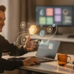 Man at desk with laptop interacting with holographic interface displaying business analytics and data visualisations.