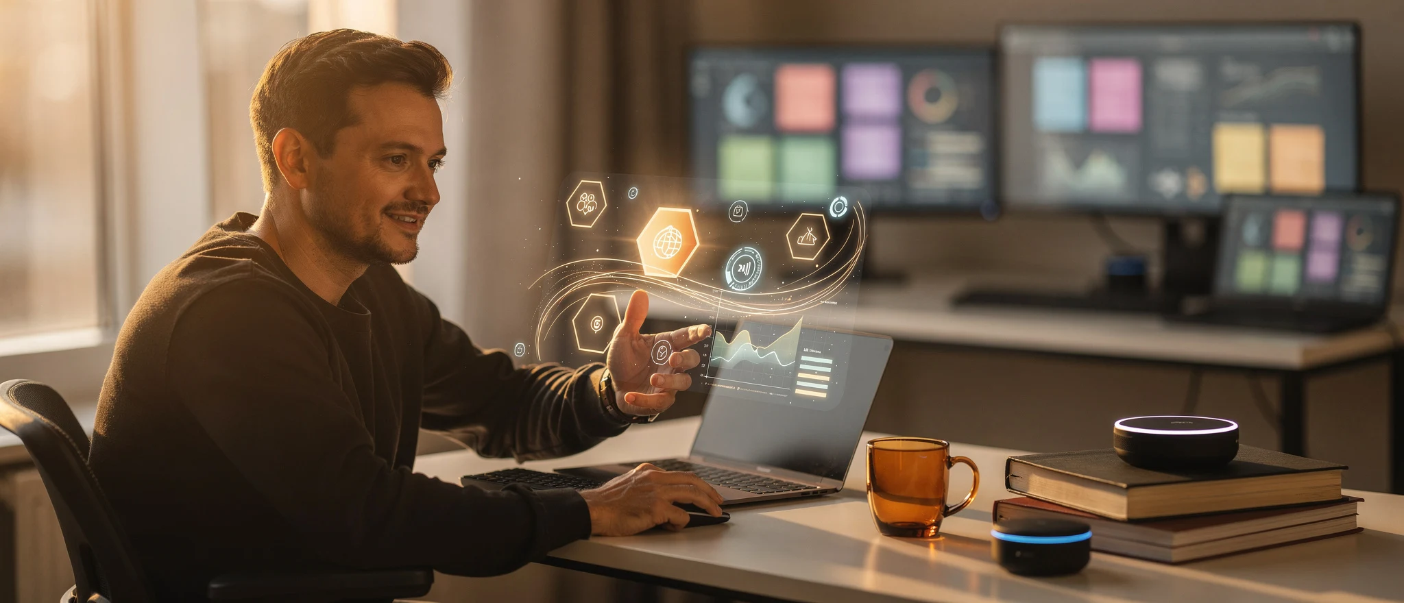 Man at desk with laptop interacting with holographic interface displaying business analytics and data visualisations.
